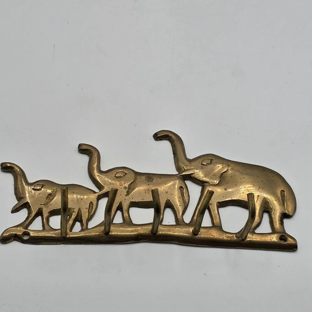 Vintage Solid Brass Elephant Trio Wall Hook Rack Key Holder Made in India Gold